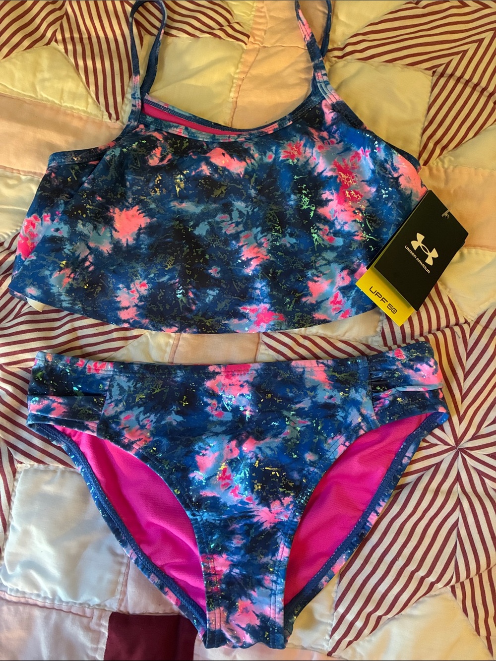NWT Under Armour Girls Blue & Pink Tie-Dye Two-Piece Swim Bikini Sz 12